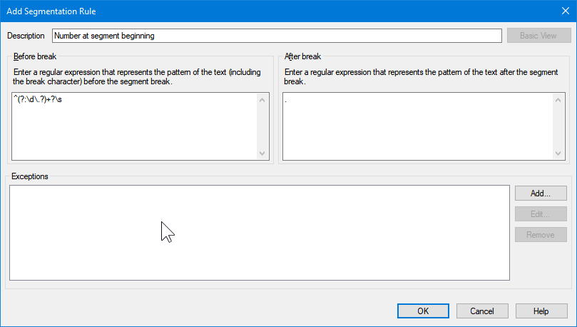 Trados Studio Add Segmentation Rule dialog box with 'Number at segment beginning' description. Regex (?:d.?)+?s entered in 'Before break' field. 'After break' field is empty.