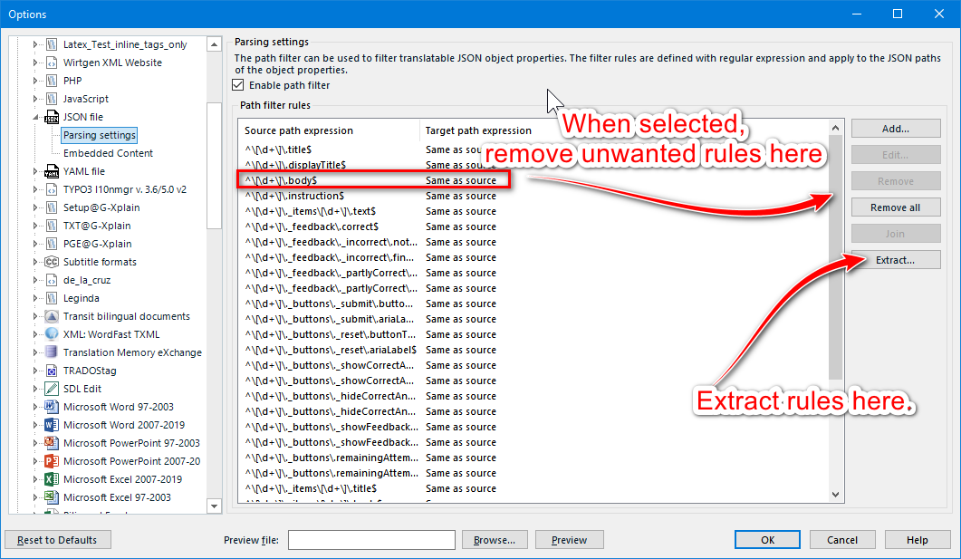 Trados Studio options window showing JSON file parsing settings with path filter rules. Highlighted instructions to remove unwanted rules and extract rules.