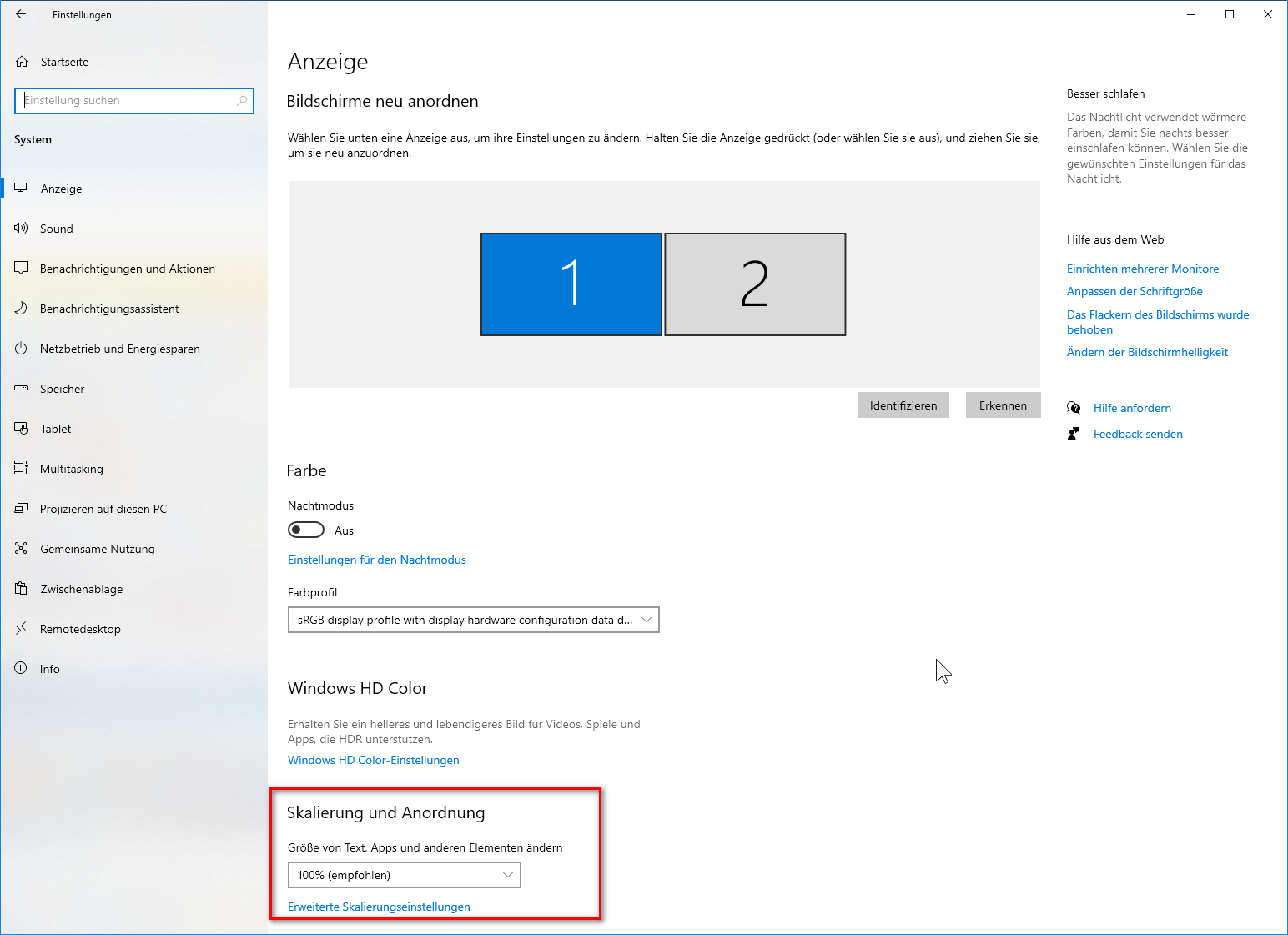 Windows 10 Display settings with 'Scale and layout' section highlighted, showing options to change the size of text, apps, and other items.