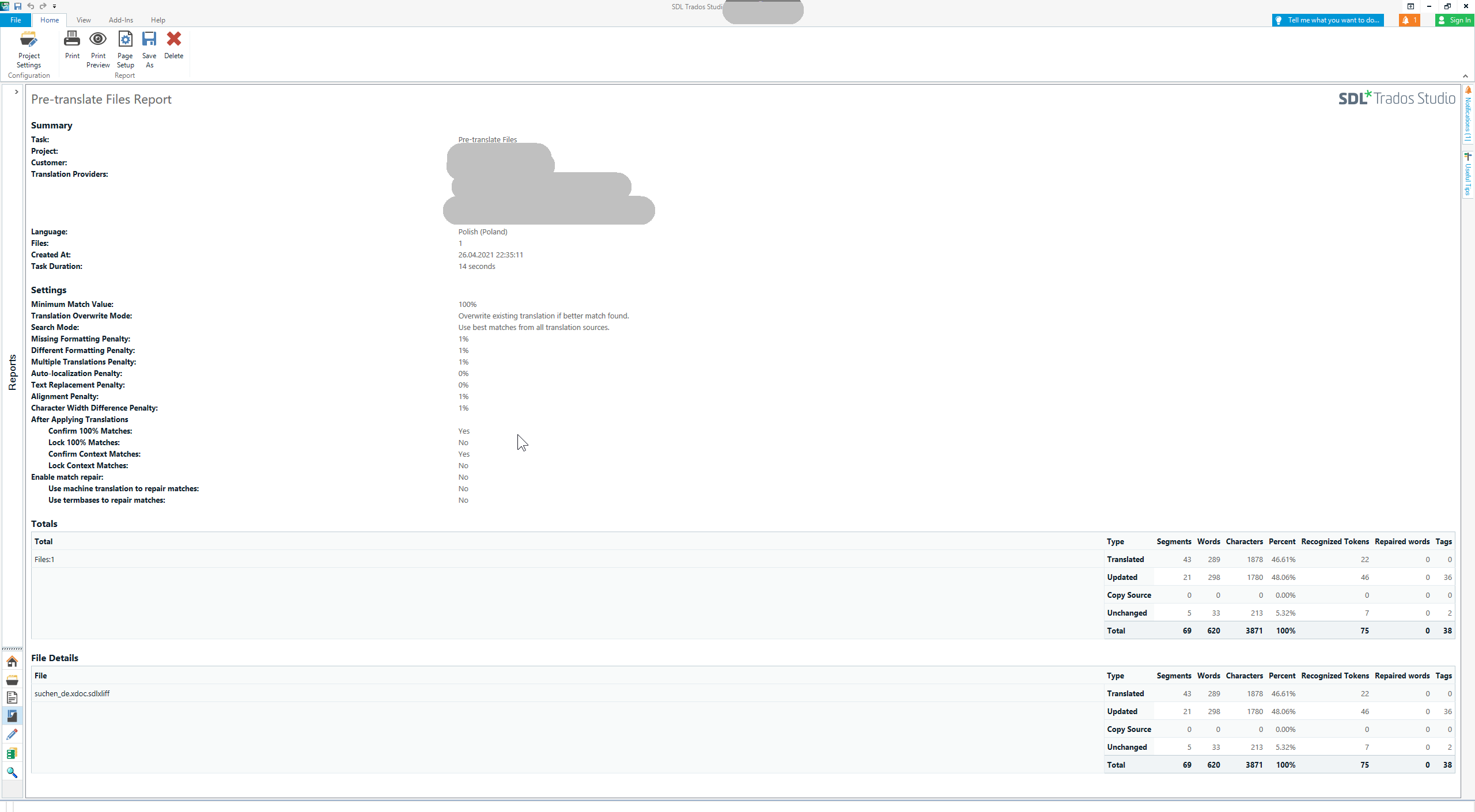 Trados Studio pre-translate files report with summary, settings, and totals for a Polish language project with no visible errors.