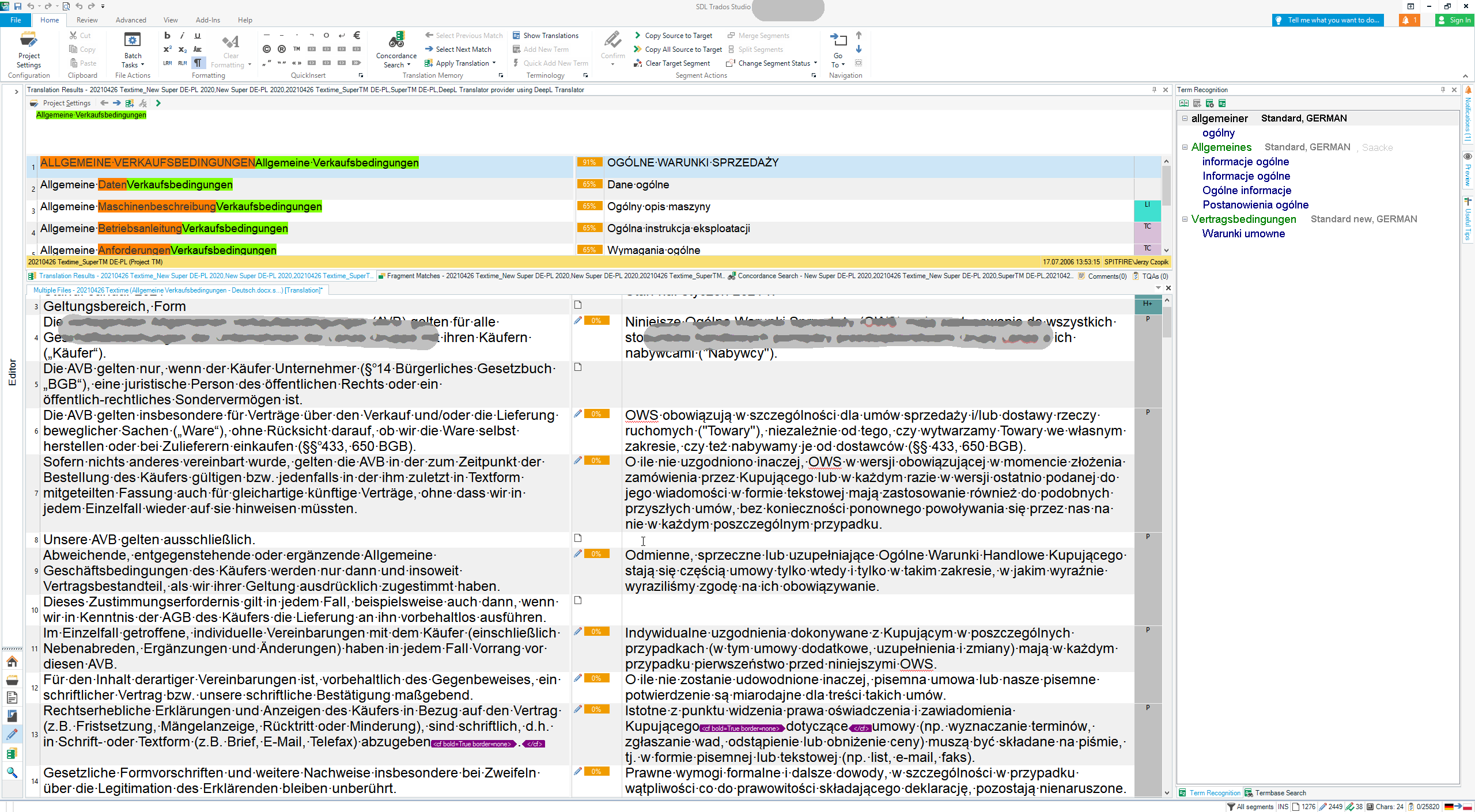 Trados Studio translation editor with a German to Polish translation project, displaying source and target segments, term recognition, and no errors.
