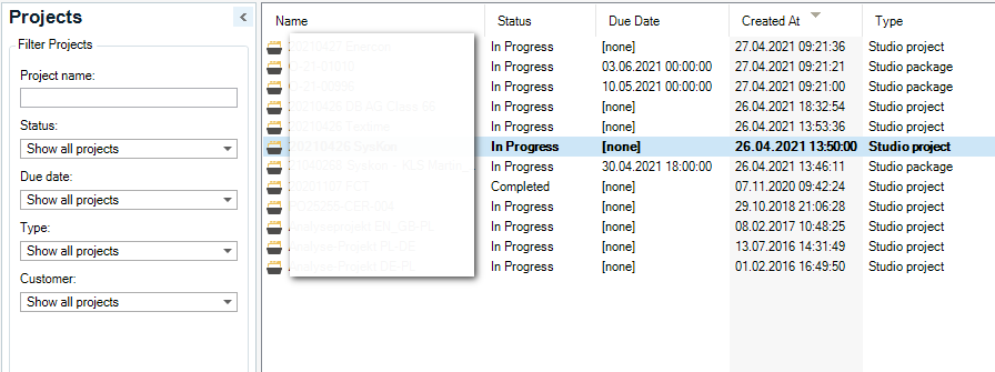Trados Studio screenshot showing a list of projects with various statuses such as 'In Progress' and 'Completed', with no visible errors or warnings.