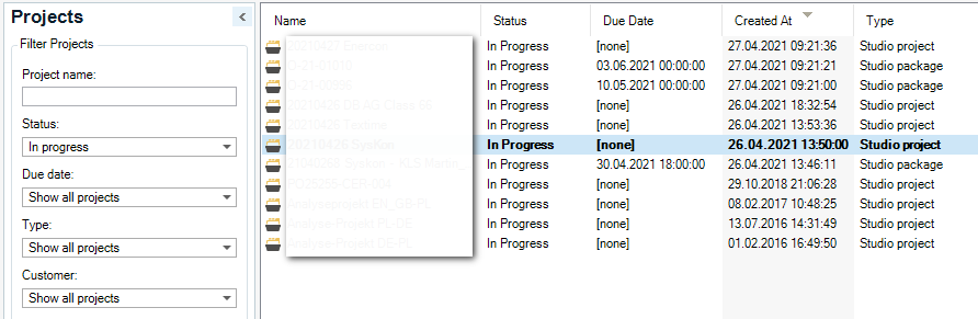 Trados Studio screenshot with a filtered view of projects, displaying only those with 'In Progress' status, without any visible errors or warnings.