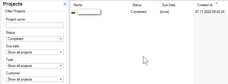 Trados Studio screenshot showing a single project with 'Completed' status, with the rest of the project list empty and no visible errors or warnings.