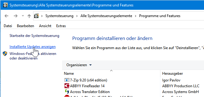German screenshot of Windows Control Panel showing installed programs including 7-Zip, ABBYY FineReader 14, and Across Translator Edition.
