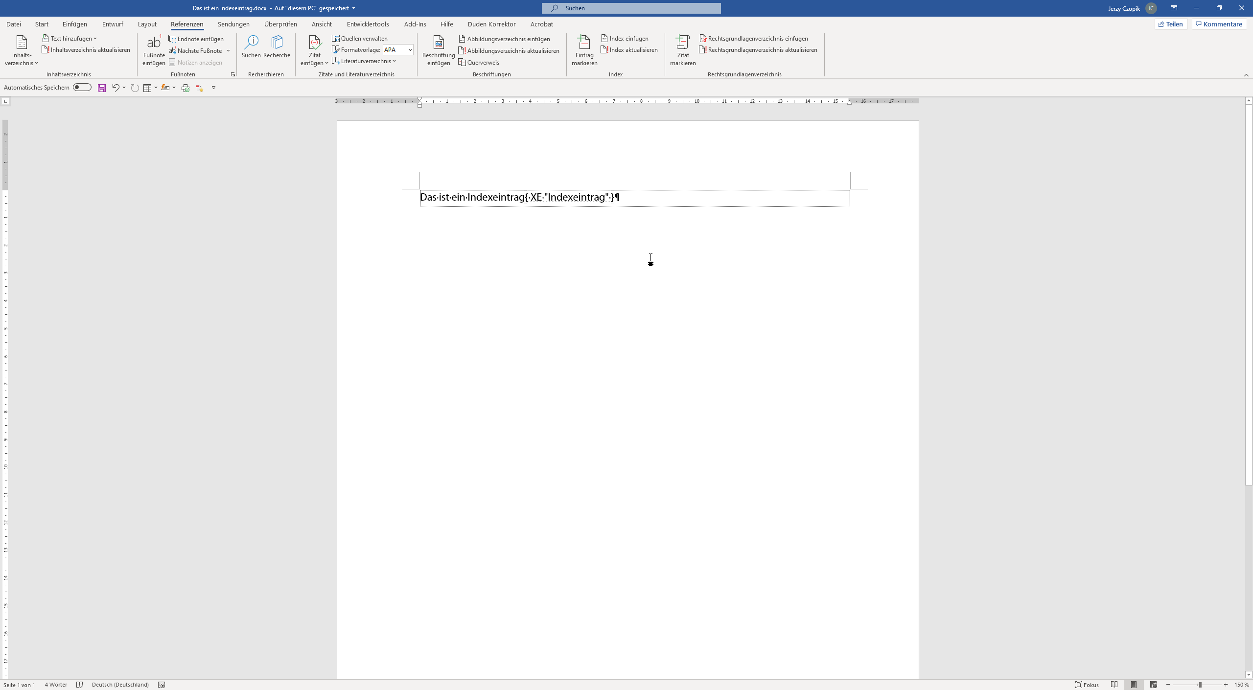 Microsoft Word document with text 'Das ist ein Indexeintrag' followed by a field code for index entry.