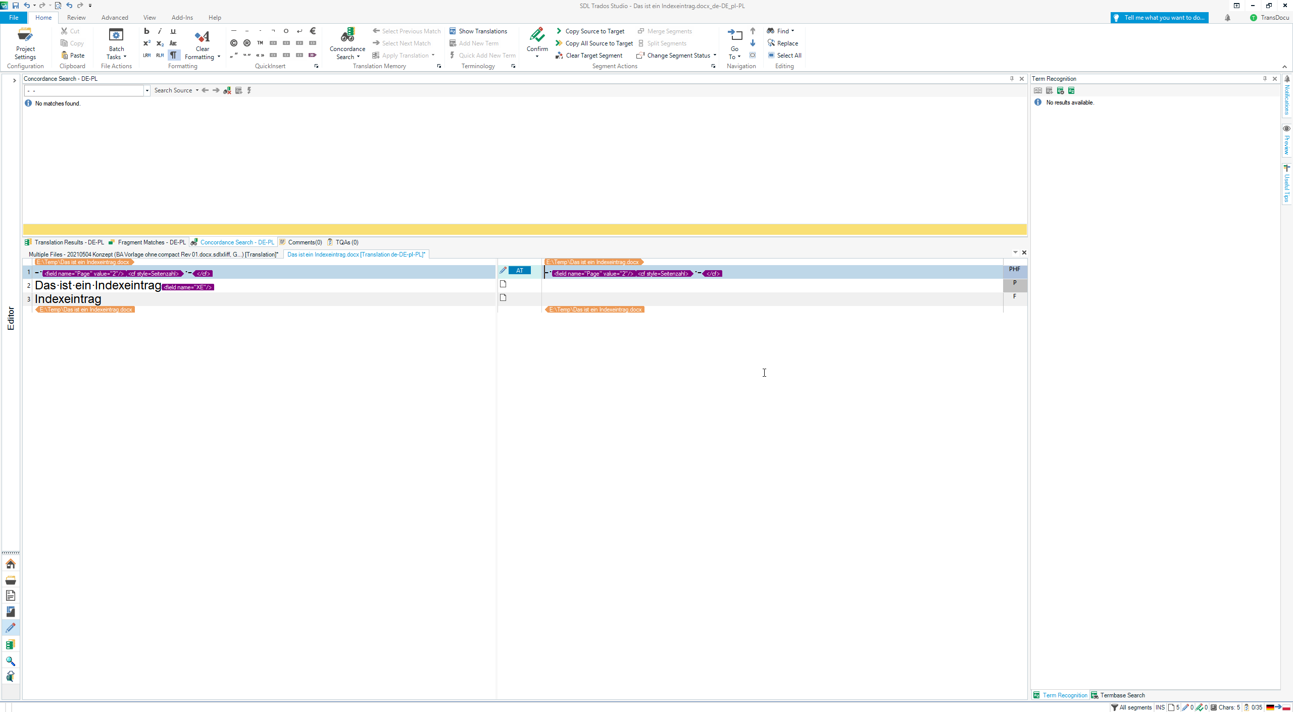 Trados Studio interface showing no match found for the segment 'Das ist ein Indexeintrag' with field codes visible.