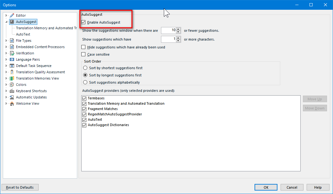 Trados Studio Options window with AutoSuggest settings, showing 'Enable AutoSuggest' checkbox checked and various options for suggestion display and providers.