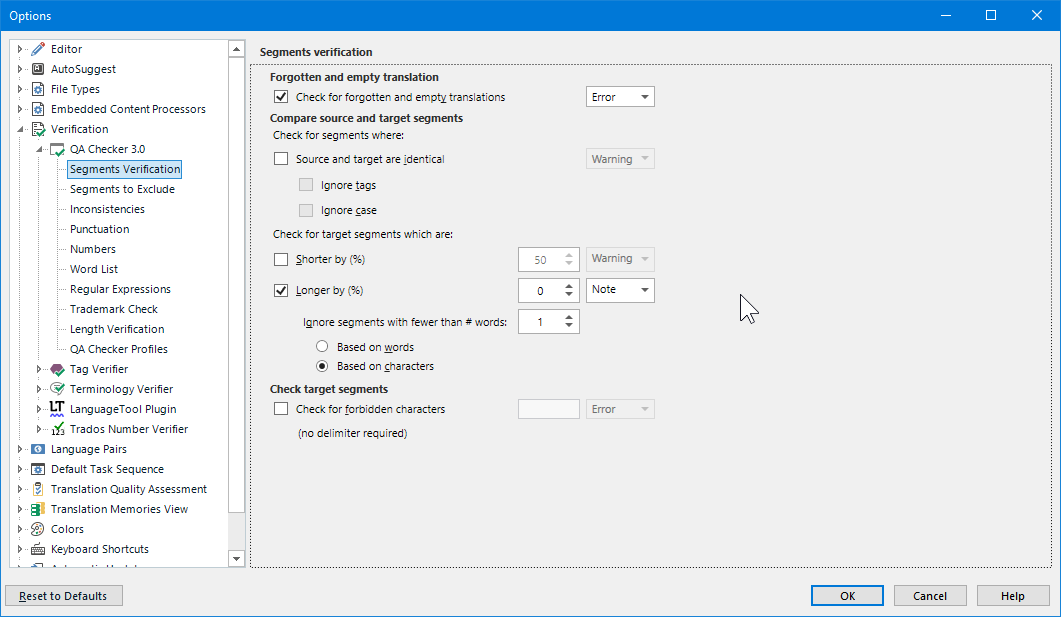 Trados Studio QA Checker 3.0 settings window showing Segments Verification options with 'Longer by (%)' set to 0 with a note level warning.