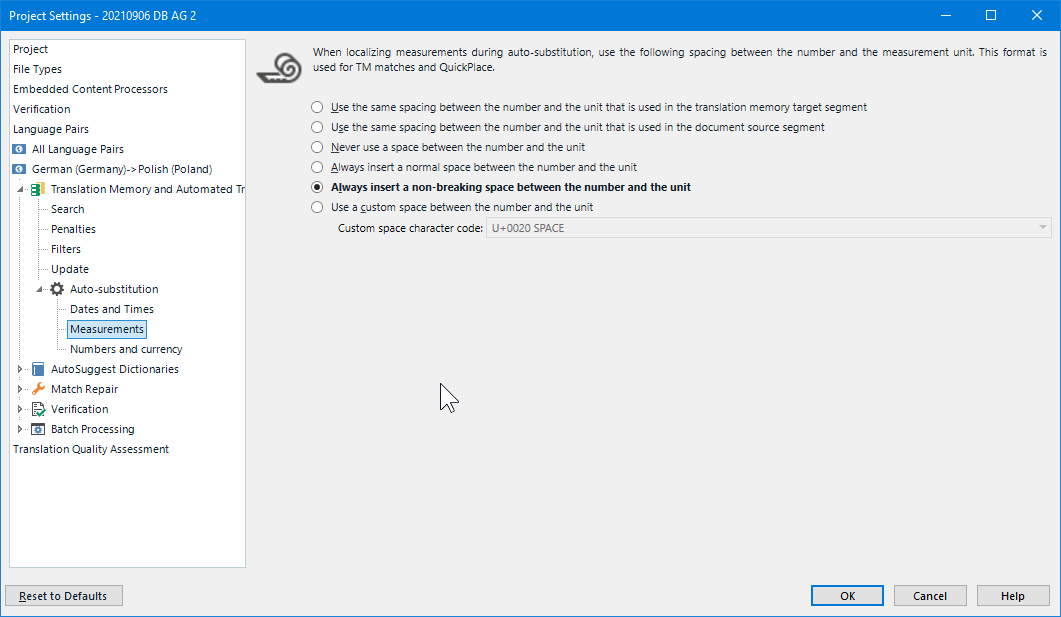 Trados Studio Project Settings dialog showing options for spacing between numbers and measurement units during auto-substitution.