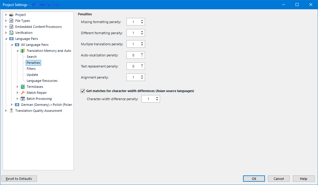 Trados Studio Project Settings window showing the Penalties section with options to adjust penalties for missing formatting, different formatting, multiple translations, auto-localization, text replacement, alignment, and character-width differences.