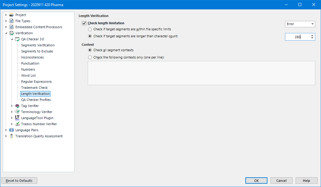 Trados Studio project settings window showing Length Verification options with 'Check length limitation' selected and 'Check if target segments are longer than character count' option set to 280 characters.