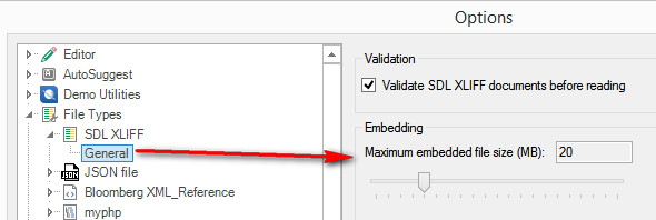Trados Studio options menu showing the SDLXLIFF file type settings with a red arrow pointing to the 'Maximum embedded file size (MB)' slider set to 20.