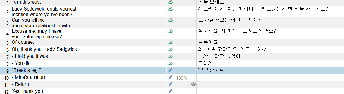 Trados Studio interface showing a list of numbered dialogue lines in English on the left and their corresponding translations in Korean on the right. The cursor is in a box next to the phrase 'Break a leg.'