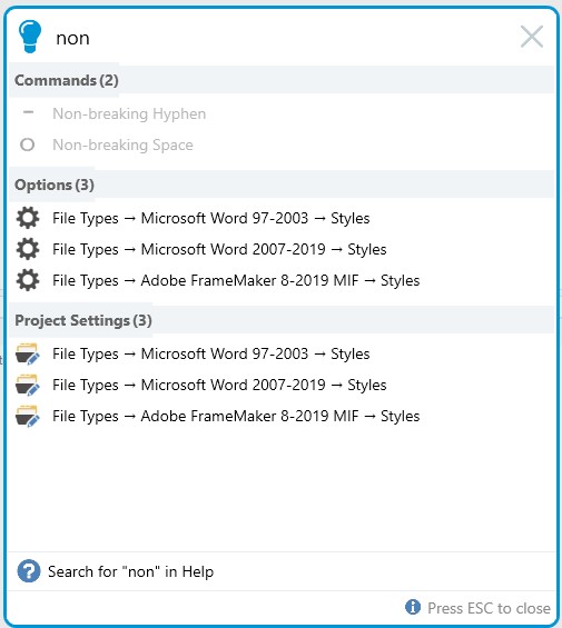 Trados Studio help window showing search results for 'non' with 'Non-breaking Space' greyed out and unclickable under Commands section.