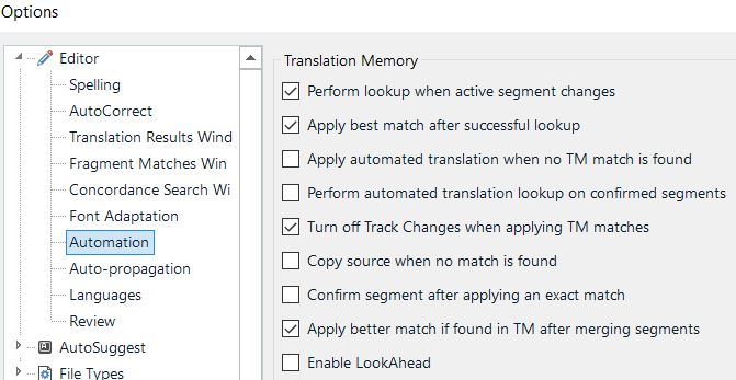 Trados Studio Options menu with Translation Memory settings showing 'Perform lookup when active segment changes' and 'Enable LookAhead' unchecked.
