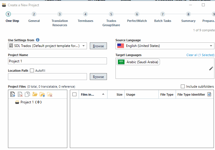 Trados Studio 2022 Create a New Project window showing settings for Source Language as English (United States) and Target Language as Arabic (Saudi Arabia).