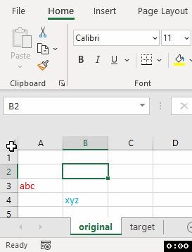 Screenshot of an Excel sheet with 'abc' in cell A3 and 'xyz' in cell B3, 'original' and 'target' tabs at the bottom.