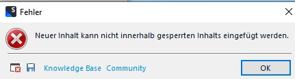 Error dialog box in Trados Studio with a red 'X' icon, titled 'Fehler'. Message reads 'Neuer Inhalt kann nicht innerhalb gesperrten Inhalts eingefugt werden.' with an 'OK' button.