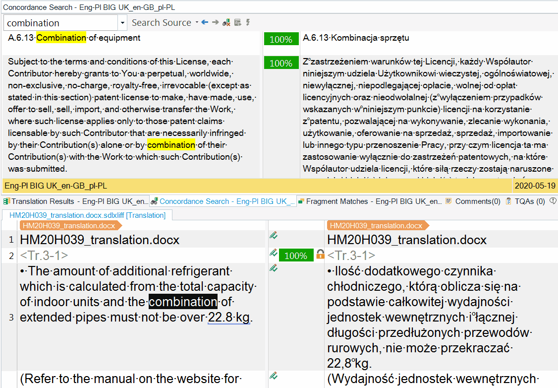 Screenshot of Trados Studio software showing a bilingual translation comparison. The source text in English and the target text in Polish are displayed side by side with a 100% match highlighted.