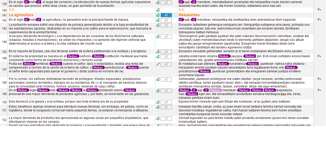 Screenshot of Trados Studio edit window showing a segment of text with various formatting tags and comments in the margin. The interface appears crowded with little padding around text segments.