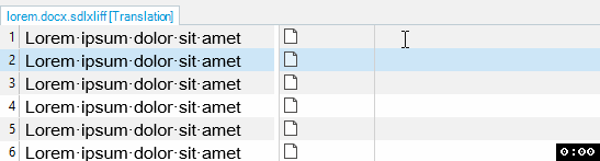 Screenshot of Trados Studio interface showing a document titled 'lorem.docx.sdlxliff Translation' with six repeated segments of 'Lorem ipsum dolor sit amet'. No errors or warnings visible.