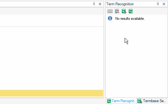 Screenshot of Trados Studio showing the Term Recognition window with a message 'No results available.'
