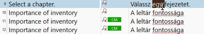 Trados Studio interface showing segments 9 to 12. Segment 9 is edited, segments 10 to 12 are confirmed with green CM tags. Hungarian text 'A leltar fontossaga' is visible.