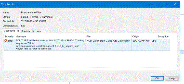 Trados Studio Task Results window showing a pre-translate files error. Status: Failed (1 errors, 0 warnings). Error message: 'SDLXLIFF validation error at line 1170 offset 99924: The key sequence '13' in 'urn:oasis:names:tc:xliff:document:1.2'...Keyref fails to refer to some key.'