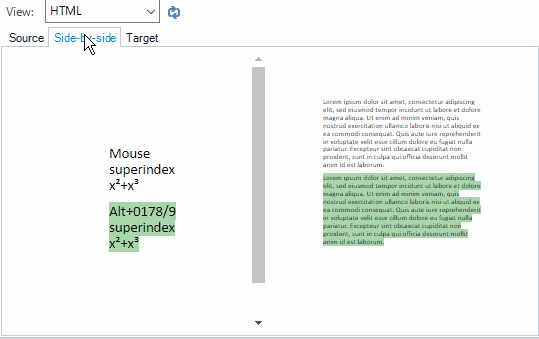 Trados Studio interface showing the HTML view with Source, Side-by-Side, and Target options. A tooltip for mouse superindex shortcut is visible.