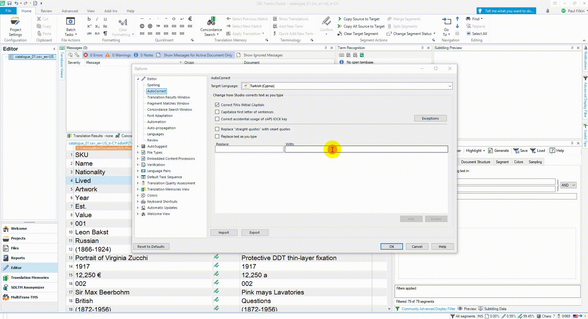 Screenshot of Trados Studio software showing the Editor interface with a document open. A pop-up window for AutoCorrect options is visible with no visible errors or warnings.