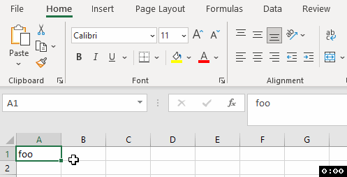 Screenshot of an Excel spreadsheet with a single cell A1 containing the text 'foo'. No visible errors or warnings.