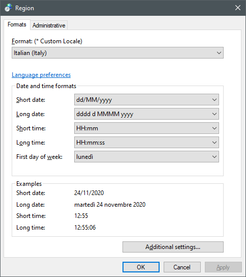 Windows Region settings dialog box with Formats tab selected, showing Italian (Italy) format and language preferences for date and time formats.