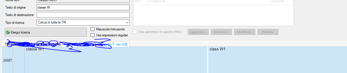 Trados Studio screenshot showing a Translation Memory search for 'class W' with only 'class W1' appearing in the results. Blue scribbles obscure part of the image.