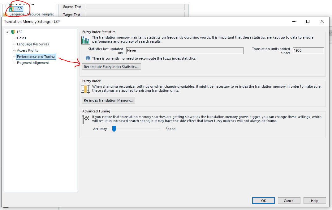 Trados Studio Translation Memory settings showing Fuzzy Index Statistics and Recompute Fuzzy Index option.