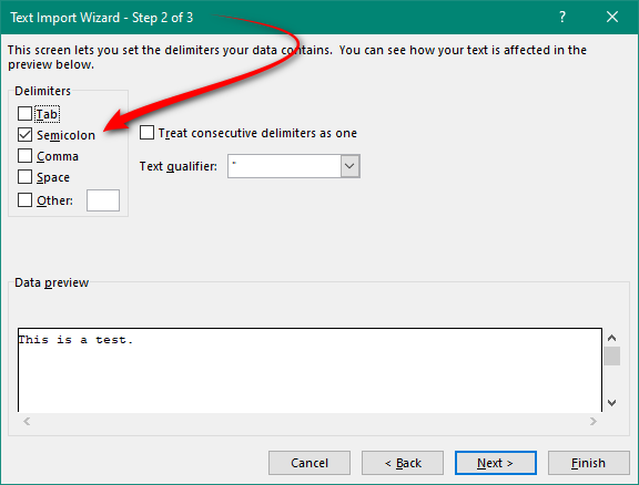 Trados Studio Text Import Wizard, Step 2 of 3, with a red arrow pointing to the 'Treat consecutive delimiters as one' checkbox, which is unchecked. Delimiters options include Tab, Semicolon, Comma, Space, and Other.