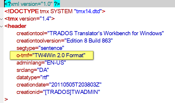 XML code snippet showing DOCTYPE and header information with 'creationtool' labeled as 'TRADOS Translator's Workbench for Windows' and 'adminlang' set to 'EN-US'.