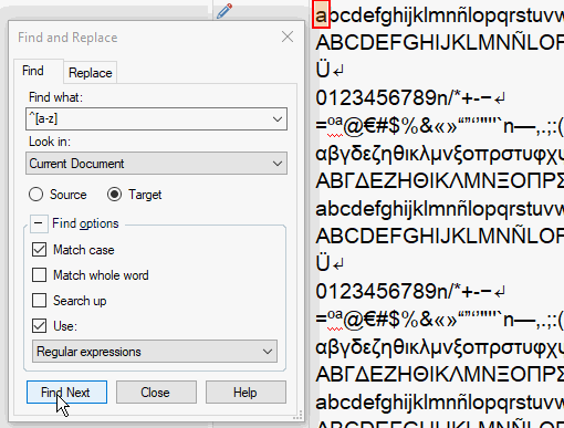 Trados Studio Find and Replace dialog box with 'Find what' field containing regex pattern 'a-z' and 'Regular expressions' checked, indicating an attempt to find lowercase letters.