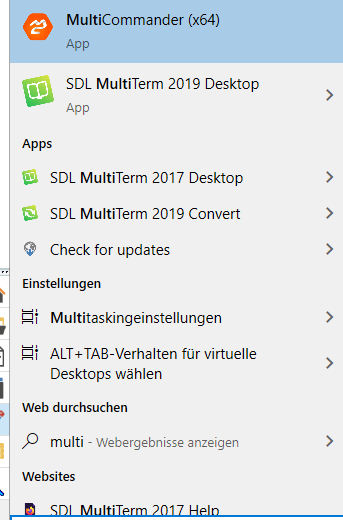 Start menu showing SDL MultiTerm 2019 Desktop and SDL MultiTerm 2019 Convert applications installed.