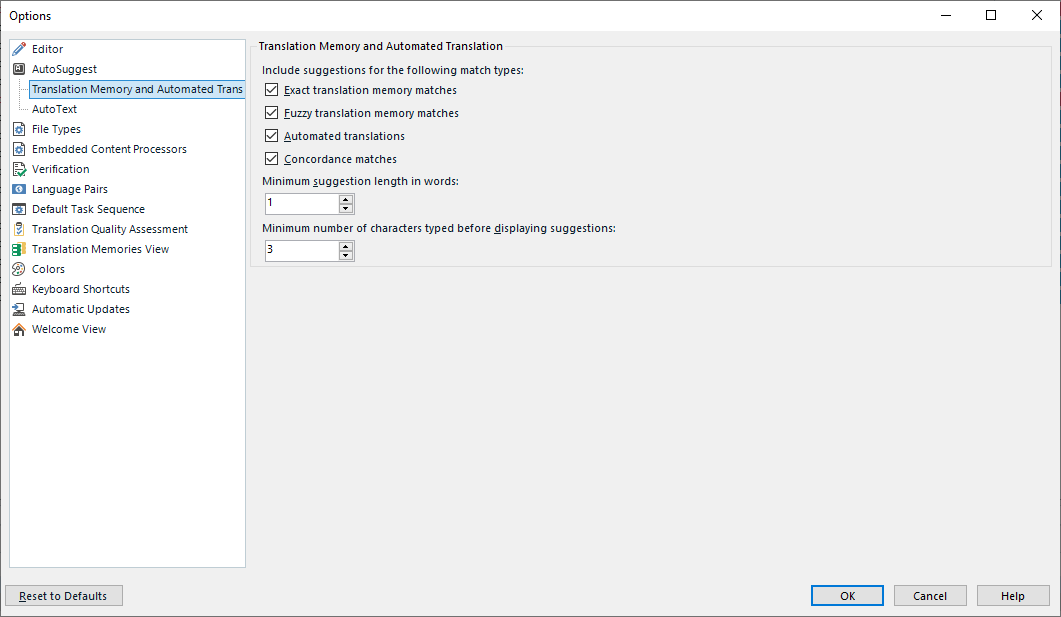 Trados Studio AutoSuggest settings for Translation Memory and Automated Translation with options for match types and suggestion lengths.