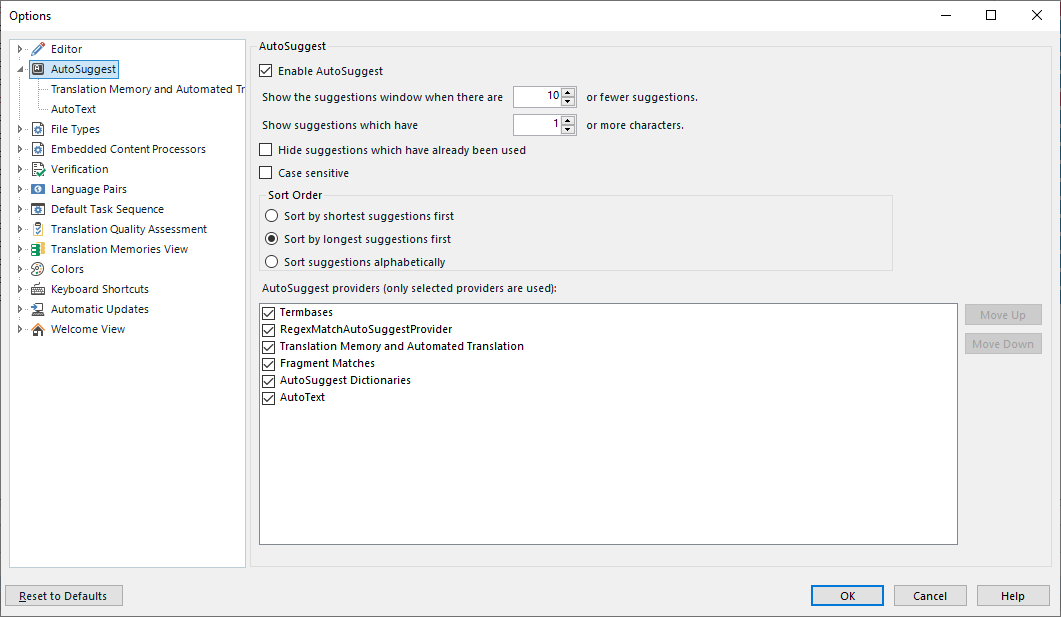 Trados Studio AutoSuggest options window showing enabled AutoSuggest with various settings like case sensitivity and sort order.