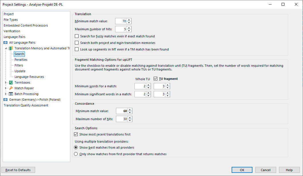 Project settings in Trados Studio showing minimum match value, maximum number of hits, and options for fragment matching and concordance.