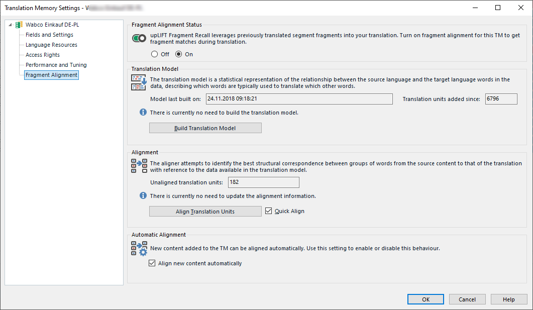 Translation Memory settings in Trados Studio displaying fragment alignment status, translation model details, and alignment options.