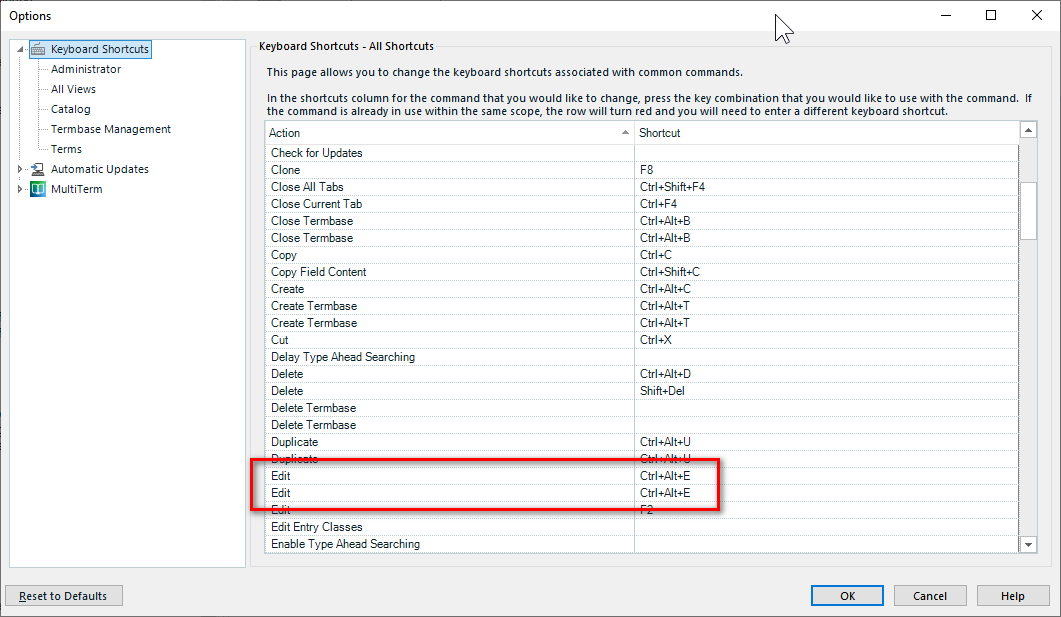 Trados Studio Options dialog showing Keyboard Shortcuts with duplicate 'Edit' action assigned to CTRL+ALT+E.