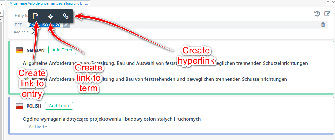 Trados Studio screenshot showing the default view with editable fields. Instructions on creating a hyperlink to a term are highlighted with arrows pointing to the 'Create hyperlink' button.