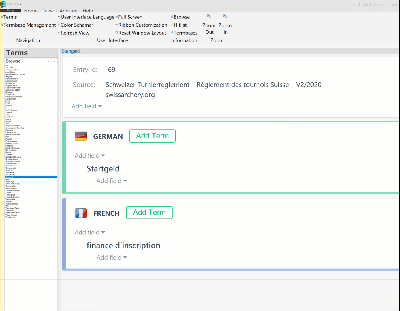 Screenshot of Trados Studio termbase creation interface with unreadable term list due to display issues on a high-resolution screen.