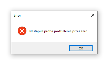 Error message dialog box in Trados Studio with a red cross icon, displaying a message in Polish that translates to 'An attempt to divide by zero has been noticed.' with an OK button.