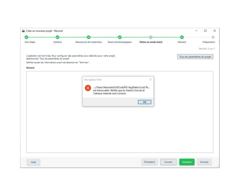 Error message in Trados Studio 2021 stating 'Cannot find file' with a file path and advising to make sure the path or Internet address is correct. An 'OK' button is available.