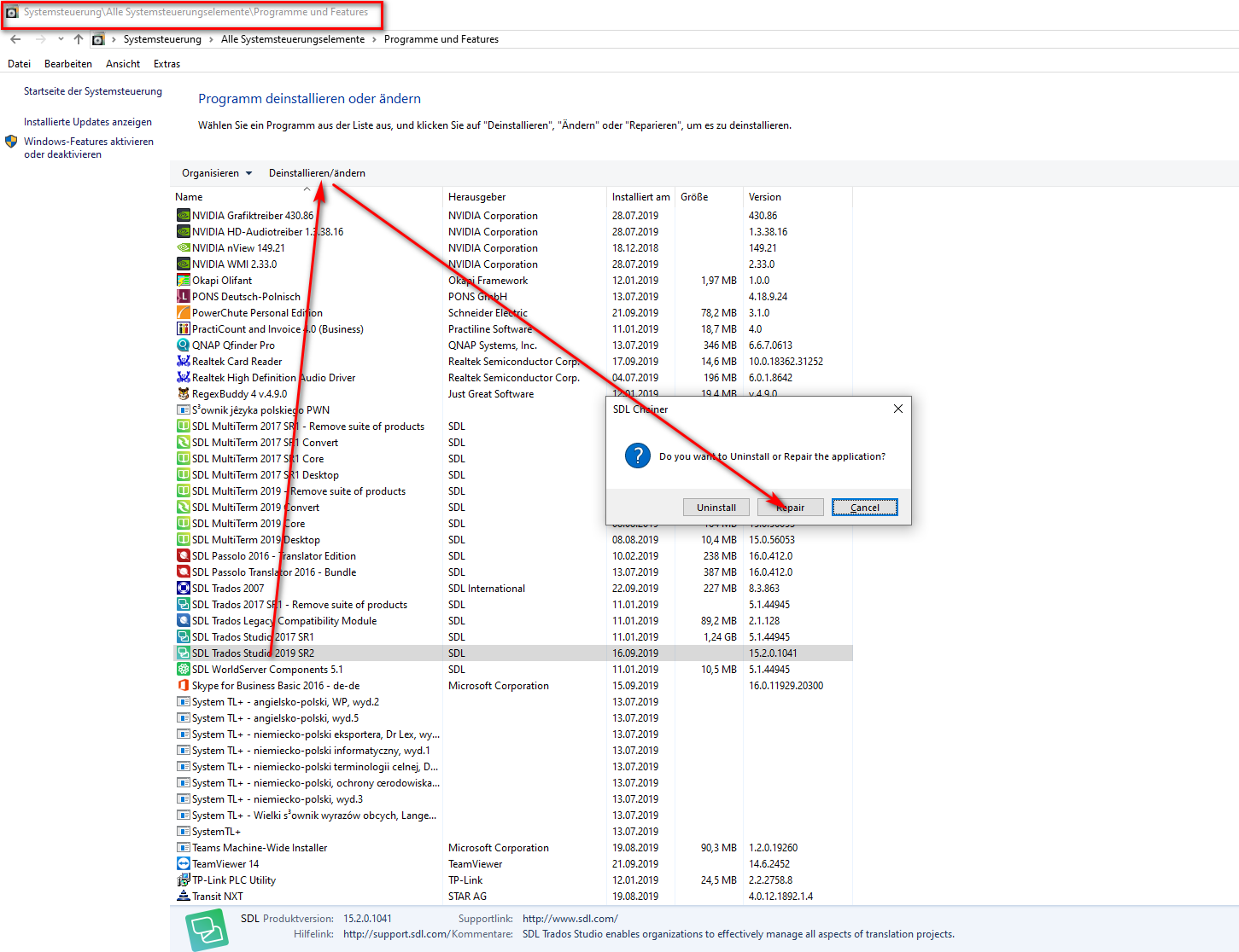 Windows uninstall or change a program screen with Trados Studio 2019 SR2 selected and a dialog box asking to Uninstall or Repair the application.