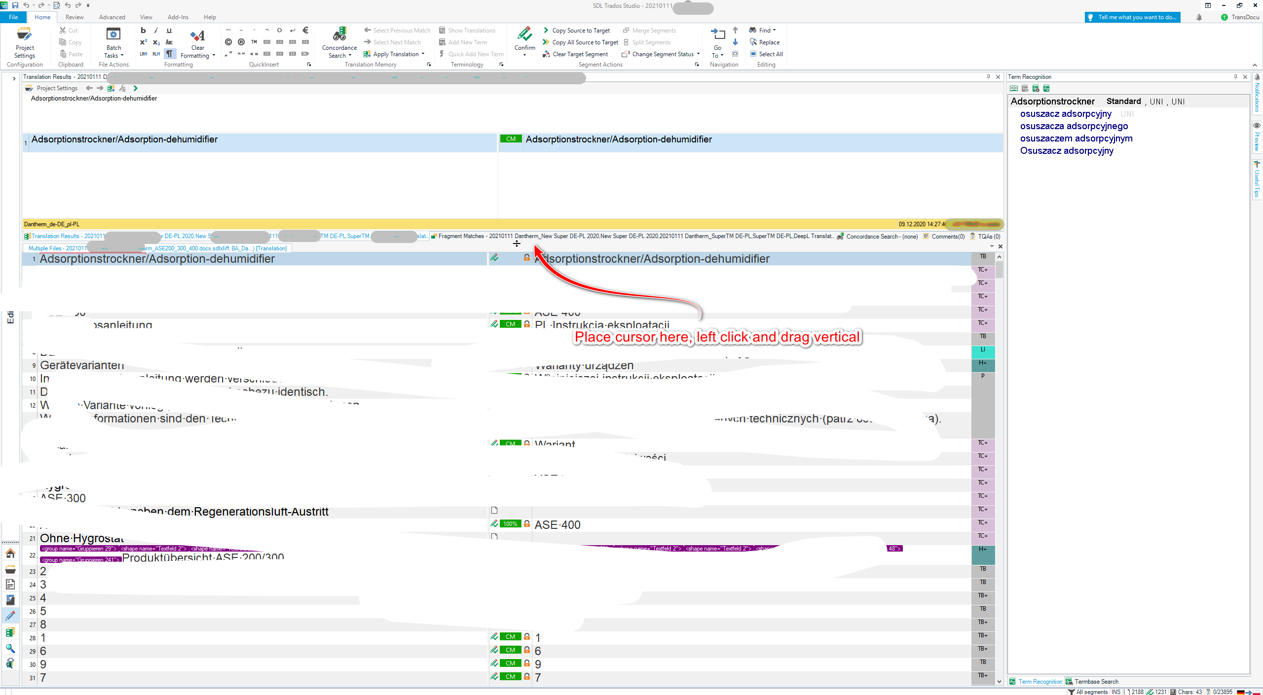 Trados Studio interface showing a translation segment with the term 'AdsorptionstrocknerAdsorption-dehumidifier' highlighted in red, indicating an error. An instruction tooltip says 'Place cursor here, left click and drag vertical'.
